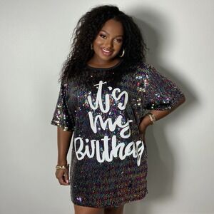 NWT Sequin "It's My Birthday"  L Dress Party Mini Tunic Sparkle Rainbow Metallic